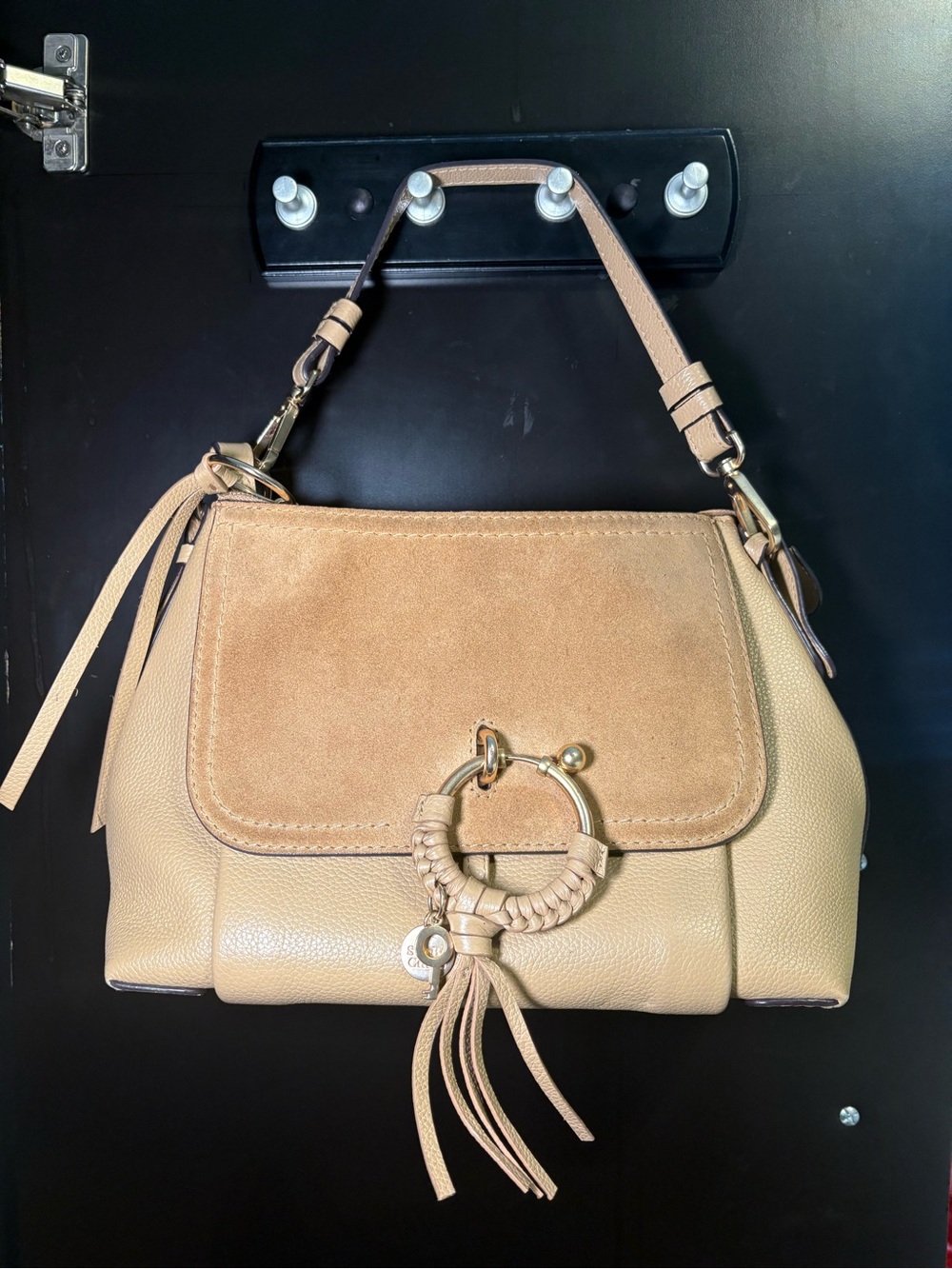 See By Chloé Beige & Suede Tan Ring-Detail Shoulder Bag